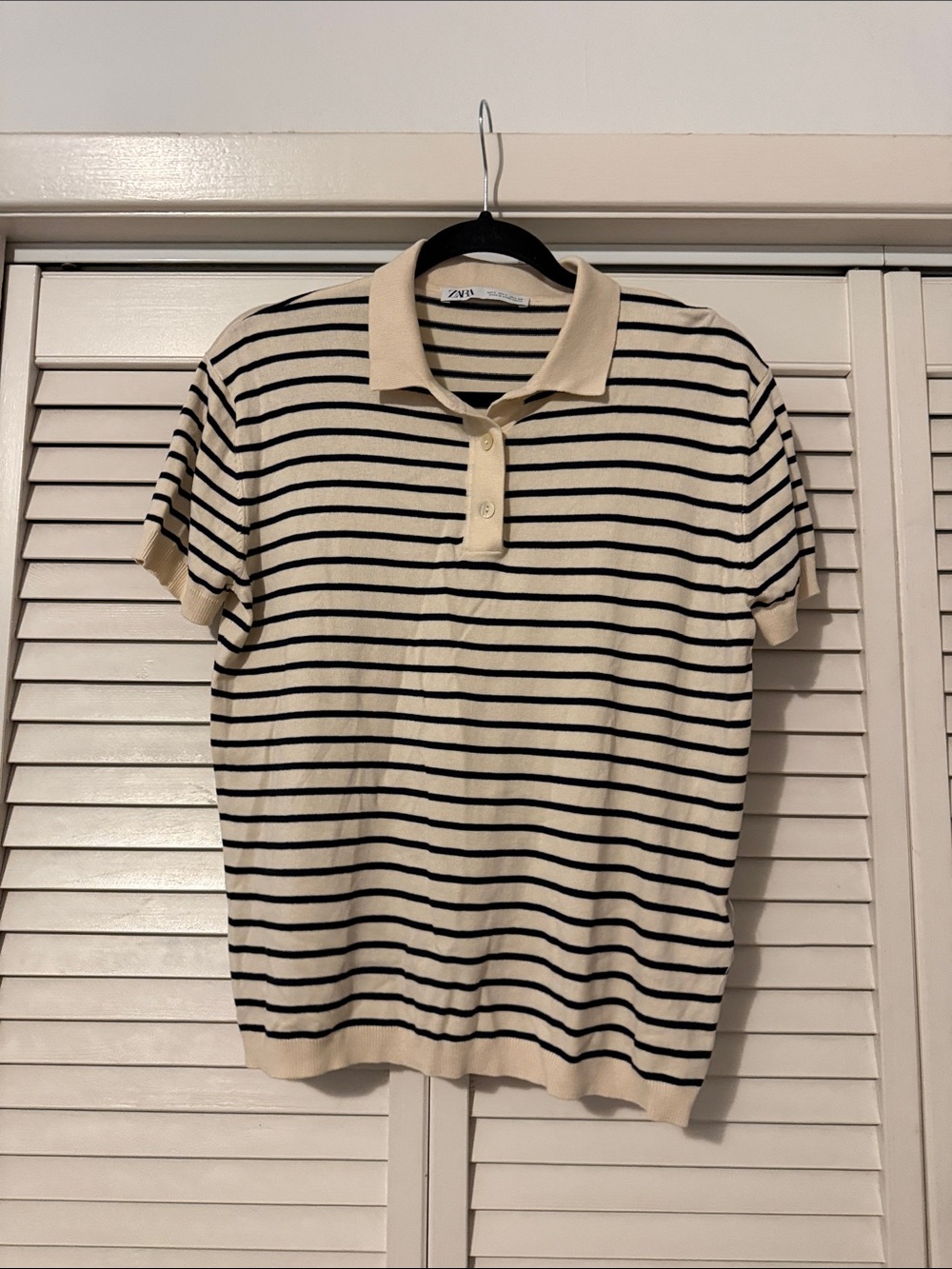 Zara Short Sleeve Striped Polo Shirt in Cream and Black